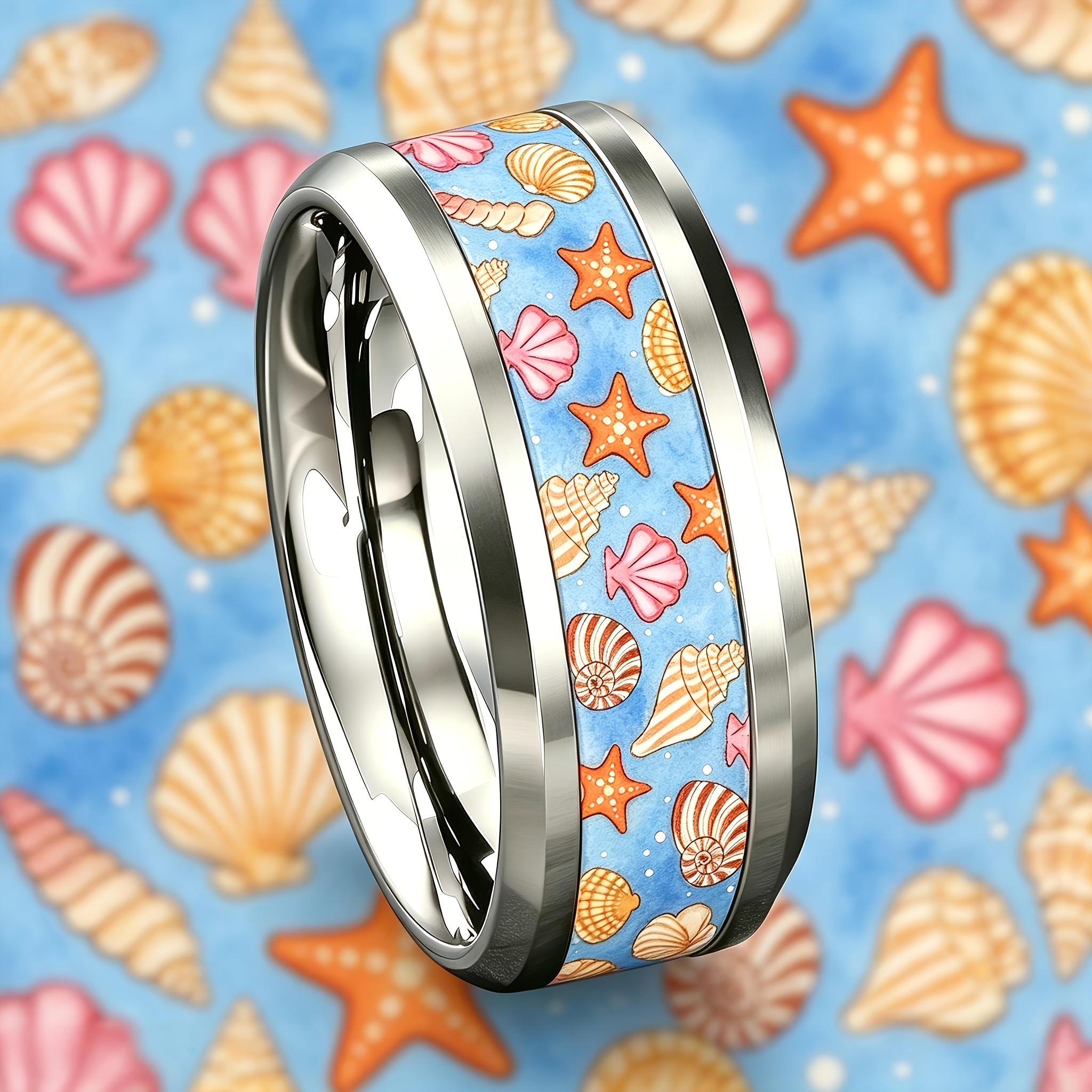 Women's Light Blue Starfish Seashell Ring, 304 Stainless Steel
